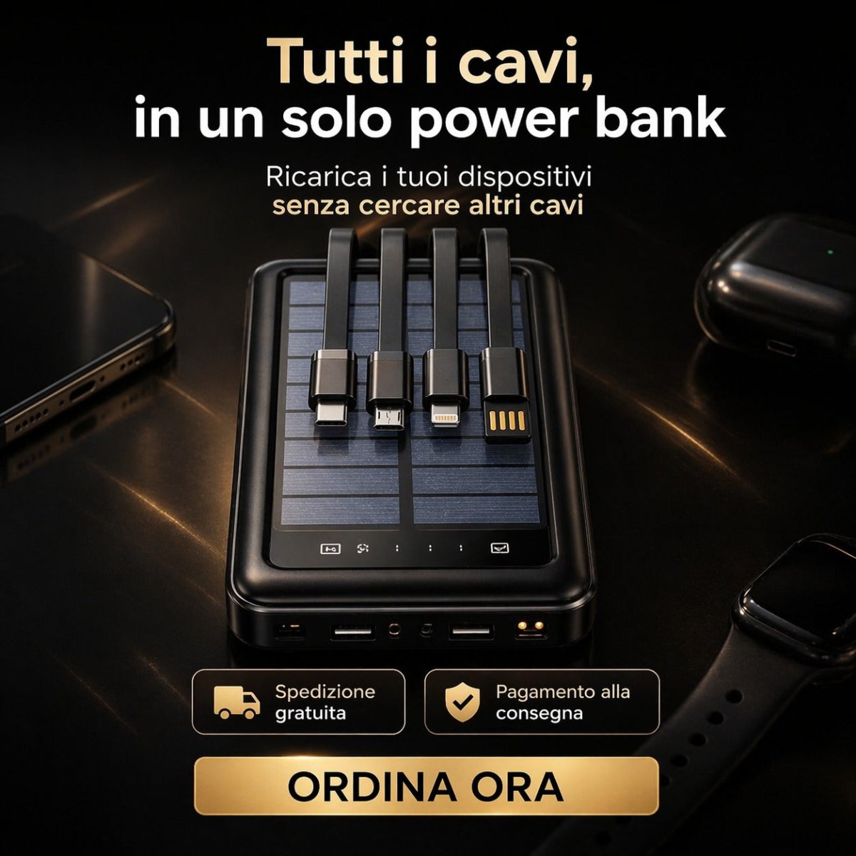 Power Bank Solare 10000 mAh con Cavi Integrati | Energia sempre con te 🔋