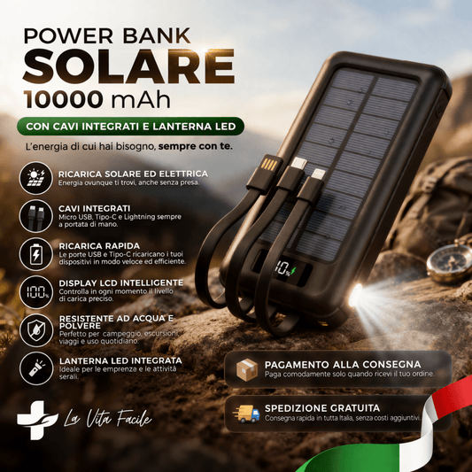 Power Bank Solare 10000 mAh con Cavi Integrati | Energia sempre con te 🔋